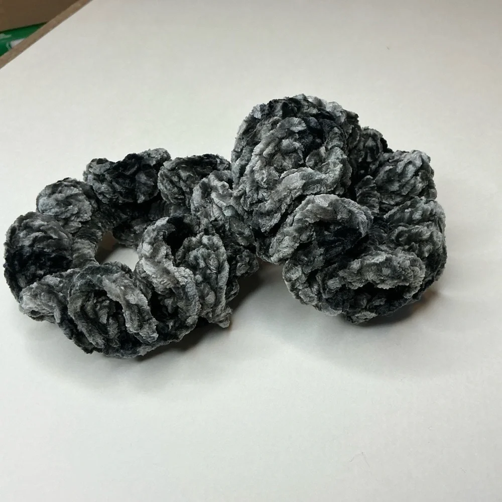 Crochet Scrunchie Oversized Hair Tie Set of 2 Gray Plush Crushed Velvet Handmade